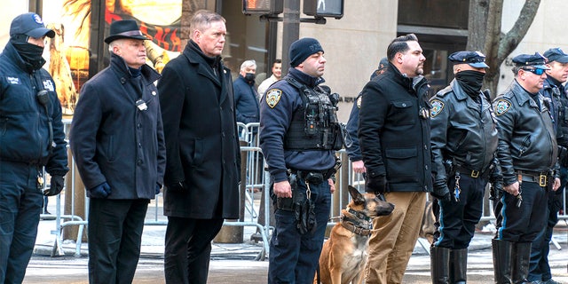 A thin blue line in midtown Manhattan during the funeral held for fallen NYPD Det. Wilbert Mora on Feb. 2, 2022. 