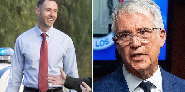 Orange County District Attorney Todd Spitzer compared his opponent, Pete Hardin, left, to Los Angeles County’s top prosecutor, George Gascon, right, in a campaign add.