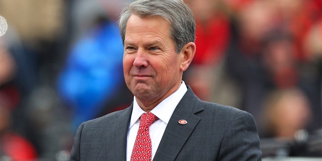 Georgia Gov. Brian Kemp looks on during the celebration honoring the Georgia Bulldogs national championship victory on Jan. 15, 2022, in Athens, Georgia. 