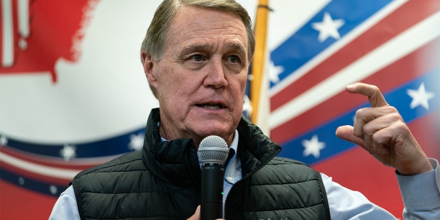 Former U.S. senator and Republican gubernatorial candidate David Perdue speaks at a campaign event on Feb. 1, 2022, in Dalton, Georgia.