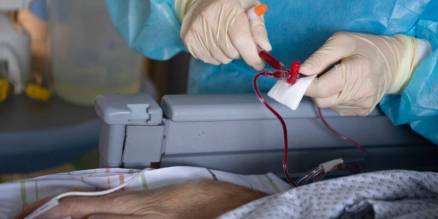 A nurses takes care for a patient with severe COVID-19 disease in the coronavirus intensive care unit at the hospital in Fulda, Germany, Wednesday, Feb. 16, 2022.
