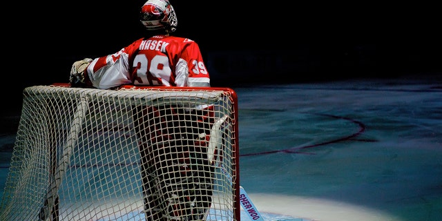 Dominik Hasek #58 of the Yashin team stands on the ice waiting for penalty shots during a master show before the KHL All Star Game on February 05, 2011 at the Ice Palace in Saint Petersburg, Russia.
