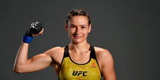 Maryna Moroz of Ukraine poses for a post fight portrait backstage during the UFC Fight Night event at Wells Fargo Center on March 30, 2019 in Philadelphia, Pennsylvania.