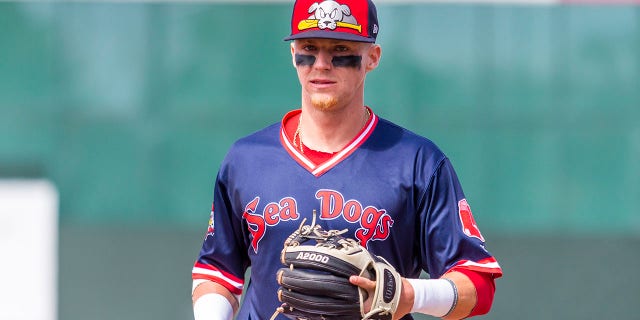Brett Netzer of the Portland Sea Dogs returns to the dugout against the Reading Fightin Phils at Hadlock Field on April 7, 2019, in Portland, Maine.