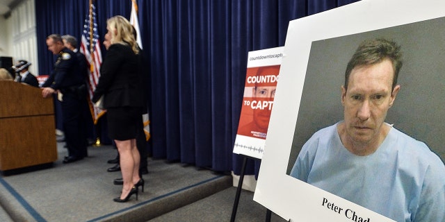 A photo of Peter and Quee Choo Chadwick is shown during a news conference announcing the capture of Peter Chadwick in Santa Ana, California, on Tuesday, Aug 6, 2019.