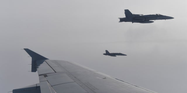 Finnish Air Force F-18 are seen during a NATOs Baltic Air Policing drill