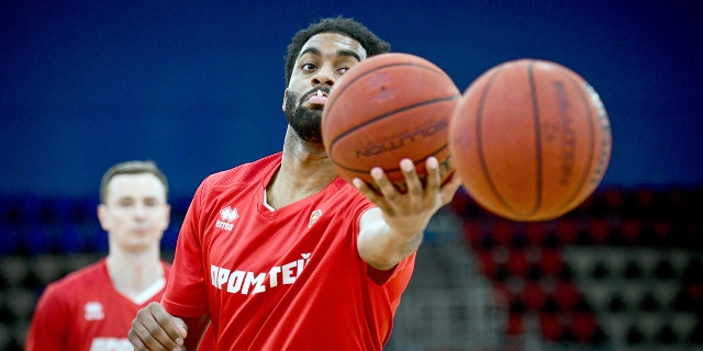 Maurice Creek of SC Prometey warms up before a Ukrainian Basketball SuperLeague match against BC Zaporizhzhia in Zaporizhzhia, southeastern Ukraine.