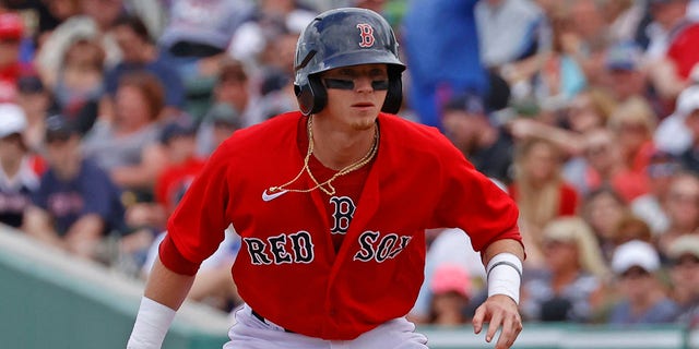 Brett Netzer of the Boston Red Sox takes a lead off first base against the Tampa Bay Rays on Feb 22, 2020, at JetBlue Park in Fort Myers, Florida.
