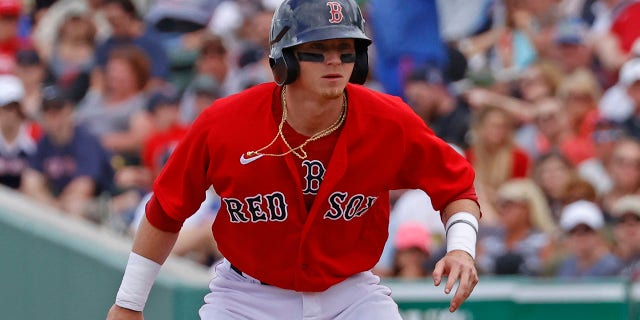 Brett Netzer of the Boston Red Sox takes a lead off first base against the Tampa Bay Rays on Feb 22, 2020, at JetBlue Park in Fort Myers, Florida.