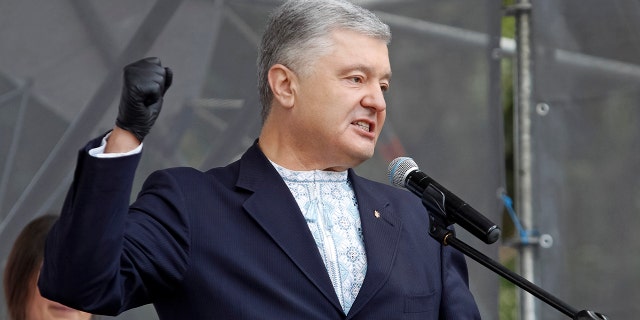 Former President of Ukraine Petro Poroshenko speaks at a rally in Kiev, July 16, 2020.