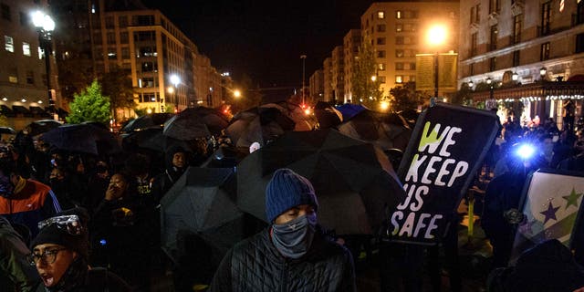 Antifa and Black Block demonstrators protest on election night near the White House in Washington, D.C., on Nov. 3, 2020.