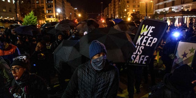 Antifa and Black Block demonstrators protest on election night near the White House in Washington, D.C., on Nov. 3, 2020.