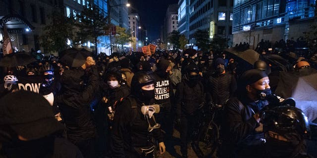 Antifa and Black Lives Matter demonstrators protest on election night near the White House in Washington, D.C. on November 3, 2020. 