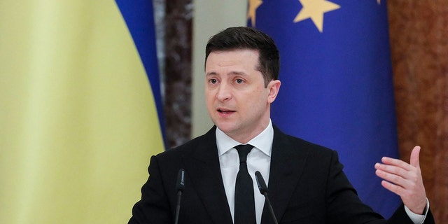 Ukrainian President Volodymyr Zelensky speaks during a joint press conference with European Council President in Kiev on March 3, 2021. 