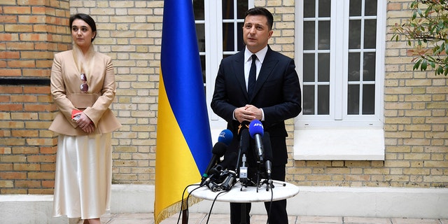 Ukrainian President Volodymyr Zelenskyy talks during a press conference at the Ukraine's embassy in Paris on April 16, 2021 after a working lunch with French President.