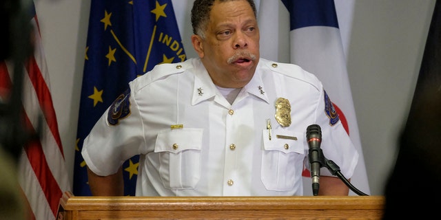 Indianapolis Metropolitan Police Department Chief Randal Taylor speak at a press conference in regards to a mass shooting at a FedEx facility in Indianapolis, Indiana, April 16, 2021. (Photo by Jeff Dean / AFP) (Photo by JEFF DEAN/AFP via Getty Images)