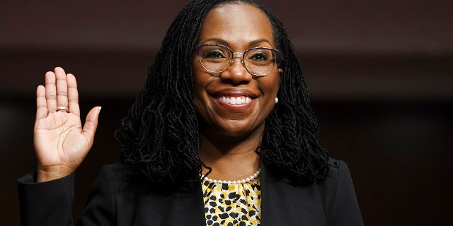 WASHINGTON, DC - APRIL 28: Ketanji Brown Jackson, nominated to be a U.S. Circuit Judge for the District of Columbia Circuit, is sworn in to testify before a Senate Judiciary Committee hearing on pending judicial nominations on Capitol Hill, April 28, 2021 in Washington, DC. The committee is holding the hearing on pending judicial nominations.