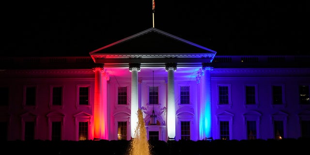 The White House is illuminated in red, white and blue in honor of Team USA as they compete in the Summer Olympics in Tokyo, Japan on July 23, 2021, in Washington, DC.
