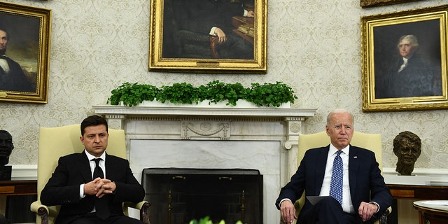 US President Joe Biden(R) meets with Ukraine's President Volodymyr Zelenskyy in the Oval Office of the White House, on September 1, 2021, in Washington, DC.