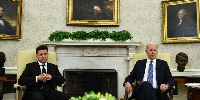 US President Joe Biden (right) meets with Ukrainian President Volodymyr Zelensky at the White House Oval Office on September 1, 2021 in Washington, DC.