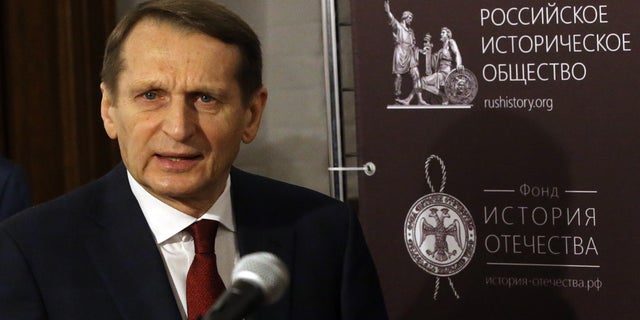 Director of the Russian Foreign Intelligence Service Sergei Naryshkin at the opening of the exhibition on human rights violations in Ukraine (2017-2020) on January 18, 2022 in Moscow.