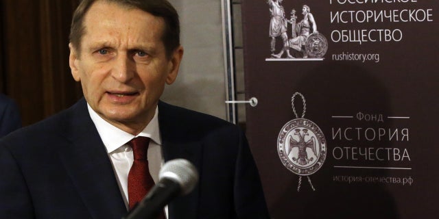 Director of the Russian Foreign Intelligence Service Sergei Naryshkin at the opening of the exhibition on human rights violations in Ukraine (2017-2020) on January 18, 2022 in Moscow.