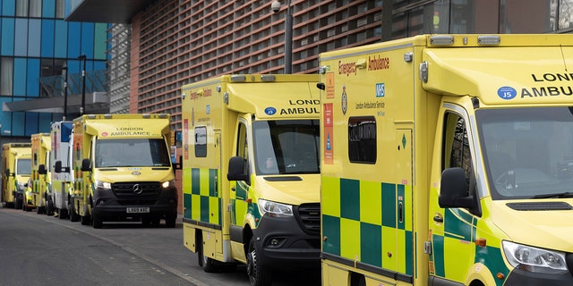 Photo taken on Jan. 28, 2022 shows ambulances parked outside the Royal London Hospital in London, Britain. (Photo by Ray Tang/Xinhua via Getty Images)
