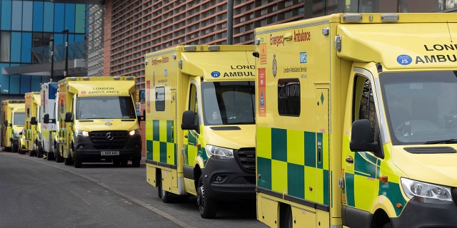 Photo taken on Jan. 28, 2022 shows ambulances parked outside the Royal London Hospital in London, Britain. (Photo by Ray Tang/Xinhua via Getty Images)
