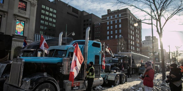 Truck drivers and supporters protest against vaccine mandates in the trucking industry in Ottawa, Ontario, on Jan. 31, 2022. (Photo by Amru Salahuddien/Anadolu Agency via Getty Images)