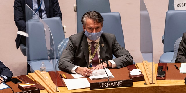 Ukrainian Ambassador Sergiy Kyslytsya speaks during Security Council meeting on situation on Ukrainian-Russian borders at the United Nations.