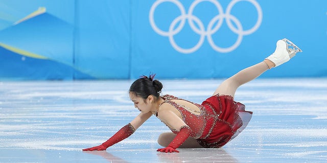 Zhu Yi of China falls during the figure skating team event women's single skating free skating at Capital Indoor Stadium in Beijing, capital of China, Feb. 7, 2022. 