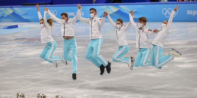 Russian Olympic Committee pose for a photo during the Women Single Skating - Free Skating of the Figure Skating Team Event at the Beijing 2022 Olympic Games, Beijing, China, 07 February 2022. 