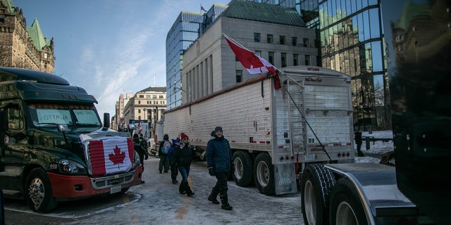 Protesters continue their protest against the coronavirus vaccine mandates in the country, in Ottawa, Canada, on Feb. 13, 2022.
