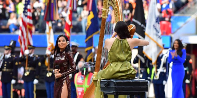 Jhené Aiko ahead of Super Bowl LVI between the Los Angeles Rams and the Cincinnati Bengals at SoFi Stadium in Inglewood, California, on February 13, 2022.