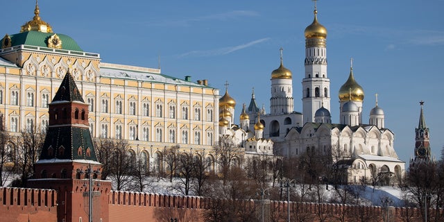 The Grand Kremlin palace, left, and the Cathedral of the Annunciation in Moscow on Tuesday, Feb. 15, 2022. Russia announced the start of a pullback of some forces after drills that raised U.S. and European alarm about a possible military assault on Ukraine. 