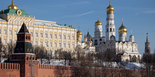 The Grand Kremlin palace, left, and the Cathedral of the Annunciation in Moscow on Tuesday, Feb. 15, 2022. Russia announced the start of a pullback of some forces after drills that raised U.S. and European alarm about a possible military assault on Ukraine. 