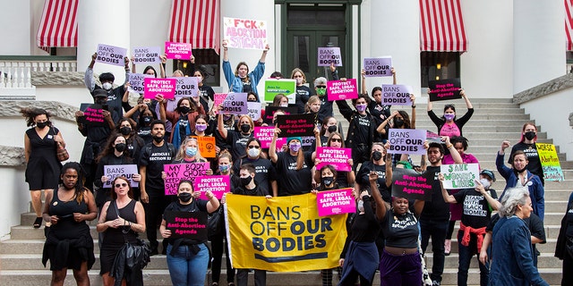 Advocates for bodily autonomy march to the Florida Capitol to protest a bill before the Florida legislature to limit abortions on February 16, 2022 in Tallahassee, Florida. (Photo by Mark Wallheiser/Getty Images)