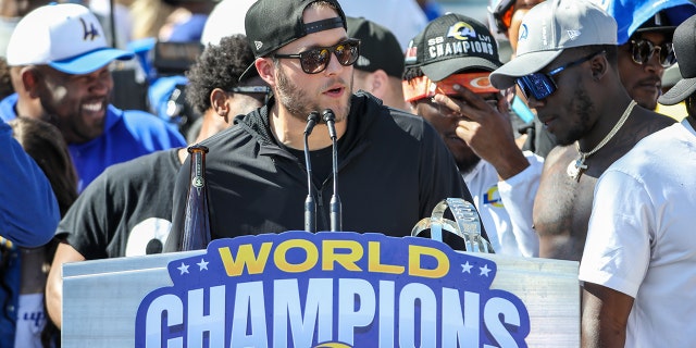 Los Angeles Rams quarterback Matthew Stafford during the Los Angeles Rams Super Bowl LVI Championship parade on Feb. 16, 2022, at the Los Angeles Memorial Coliseum in Los Angeles, California. 