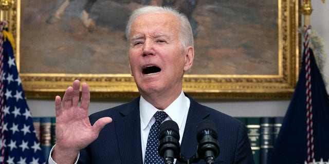 US President Joe Biden delivers a national update on the situation at the Russia-Ukraine border at the White House in Washington, DC, February 18, 2022. (Photo by Jim WATSON / AFP) (Photo by JIM WATSON/AFP via Getty Images)