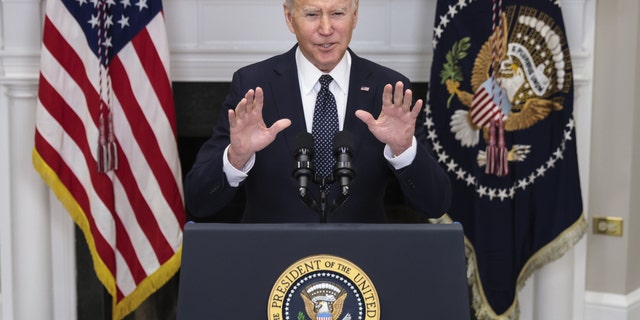 U.S. President Joe Biden speaks in the Roosevelt Room of the White House in Washington, D.C., U.S., on Friday, Feb. 18, 2022. Photographer: Oliver Contreras/Sipa/Bloomberg via Getty Images