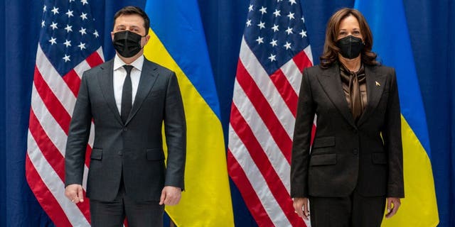 Feb. 19, 2022: US Vice President Kamala Harris and Ukrainian President Volodymyr Zelenskyy pose for photographs before a meeting at the Munich Security Conference (MSC) in Munich, southern Germany (Photo by ANDREW HARNIK/POOL/AFP via Getty Images)