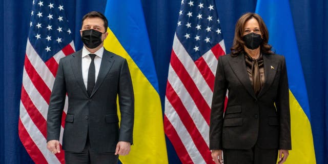 Feb. 19, 2022: US Vice President Kamala Harris and Ukrainian President Volodymyr Zelenskyy pose for photographs before a meeting at the Munich Security Conference (MSC) in Munich, southern Germany (Photo by ANDREW HARNIK/POOL/AFP via Getty Images)