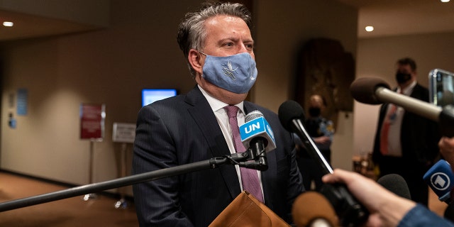 NEW YORK, UNITED STATES - 2022/02/21: Ukraine Permanent Representative to the UN Sergiy Kyslytsya briefs media after emergency SC meeting on situation on Ukraine-Russia borders at UN Headquarters.