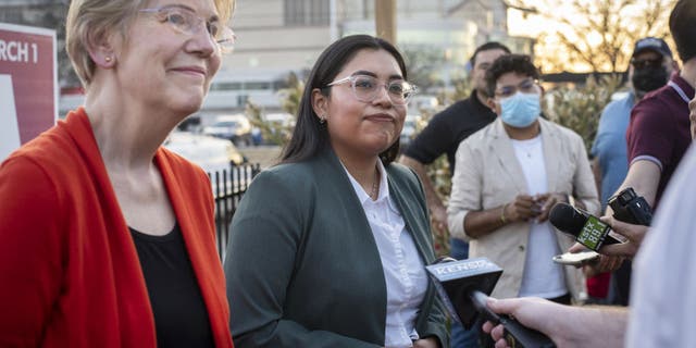 Sen. Elizabeth Warren, a Democrat from Massachusetts, left, and Jessica Cisneros, Democratic U.S. Representative candidate for Texas, speak to reporters following an early vote kickoff event in San Antonio, Texas, U.S., on Tuesday, Feb. 22, 2022.