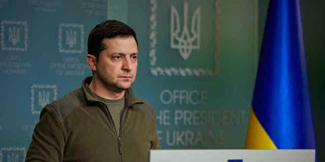Ukraine's President Volodymyr Zelenskyy holds a news conference on Russia's military operation in Ukraine, Feb. 25, 2022 in Kyiv. (Getty Images)