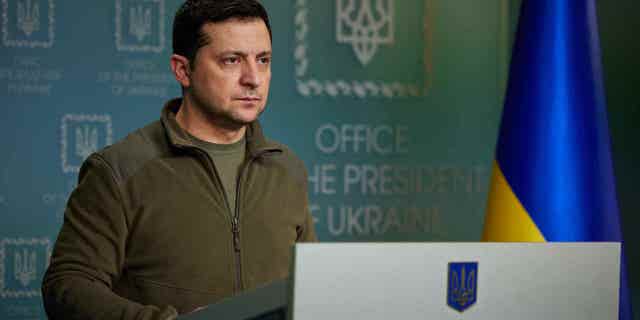 Ukraine's President Volodymyr Zelenskyy holds a news conference on Russia's military operation in Ukraine, Feb. 25, 2022 in Kyiv. (Getty Images)
