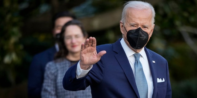 U.S. President Joe Biden waves as he walks to Marine One on the South Lawn of the White House February 25, 2022 in Washington, DC.