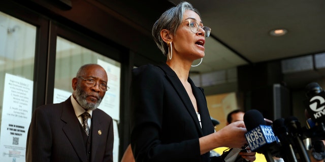 Alison Collins speaks during a rally at SFUSD headquarters in San Francisco in March 2021.