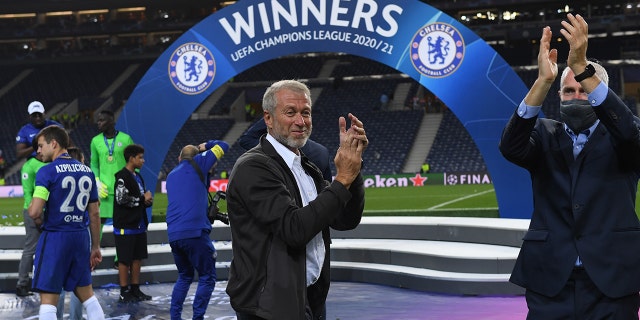 Chelsea FC owner Roman Abramovich celebrates winning the Champions League after the UEFA Champions League final between Manchester City and Chelsea FC at Estadio do Dragao May 29, 2021, in Porto, Portugal.