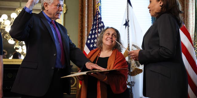 Eric Lander participates in a swearing-in ceremony with U.S. Vice President Kamala Harris in her ceremonial office in the Eisenhower Executive Office Building on June 2, 2021, in Washington, D.C.
